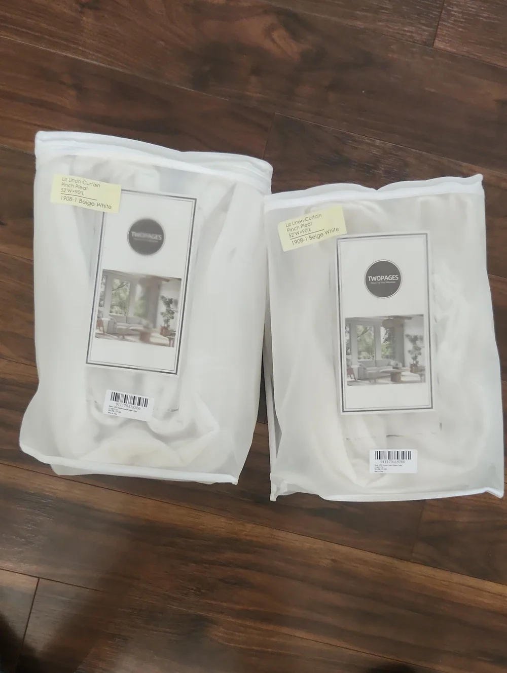 Beige-White Linen Curtain Panel - Set of 2